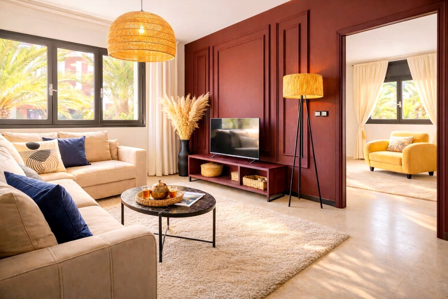 Open living space with Majorelle garden views