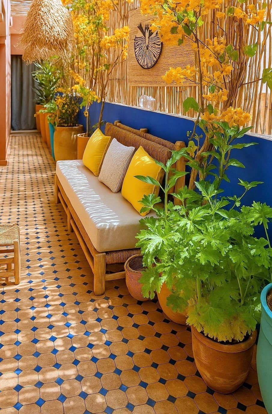 Banquette de terrasse avec fleurs — Appartement Rooftop Majorelle