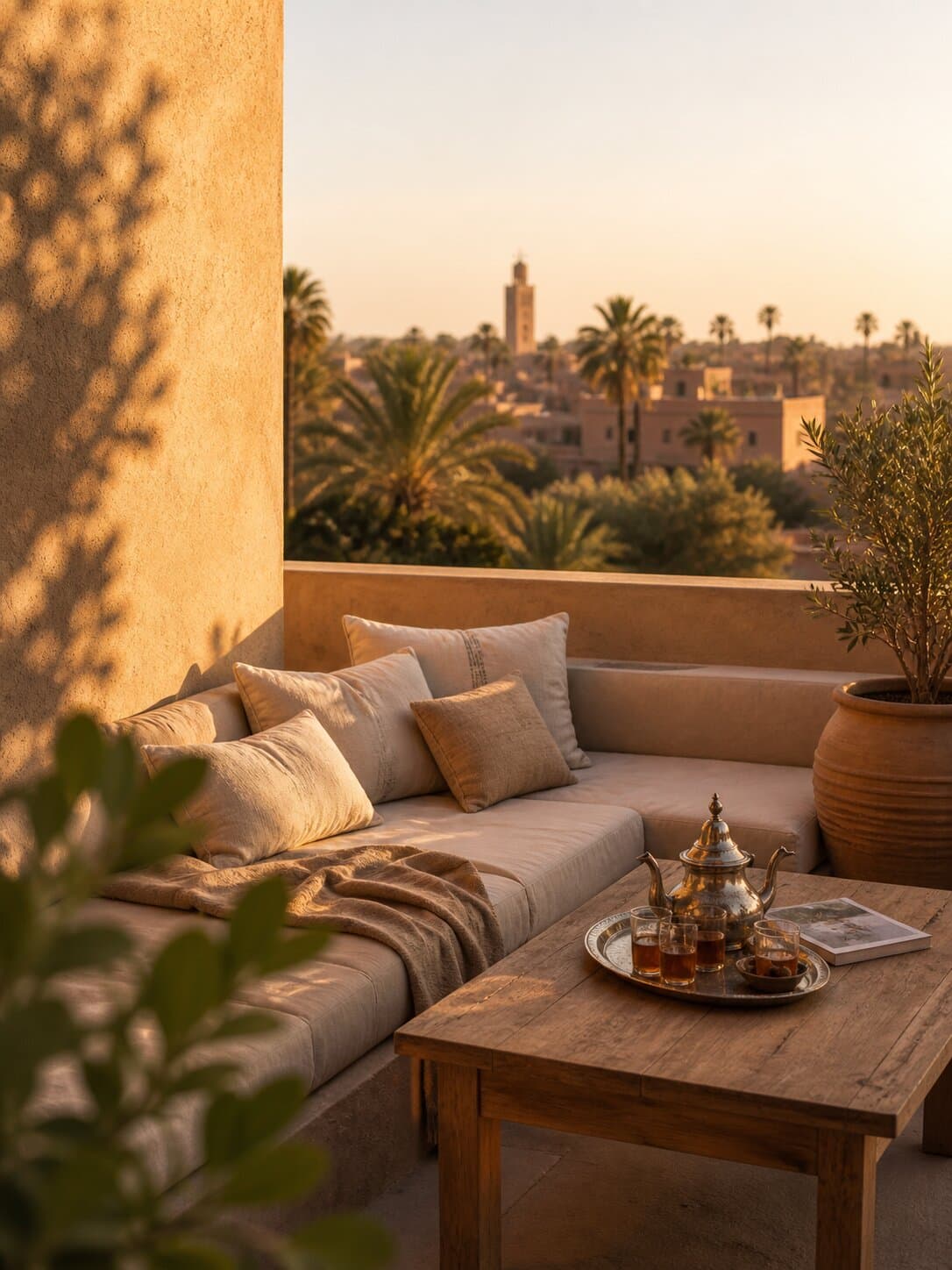 Private terrace in Marrakech with tea at sunset