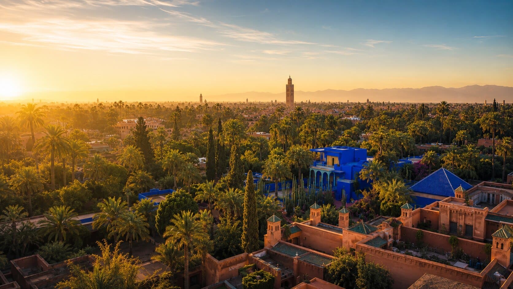 Aerial view of the Majorelle district and Jardin Majorelle in Marrakech