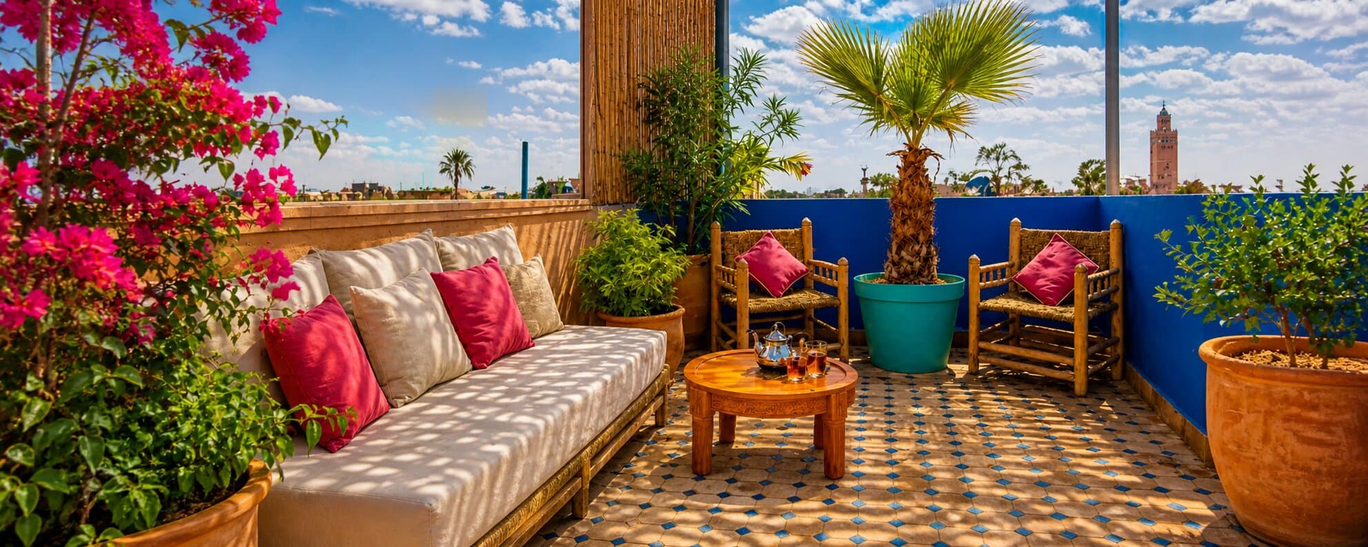 Luxury rooftop terrace in Marrakech with Majorelle view
