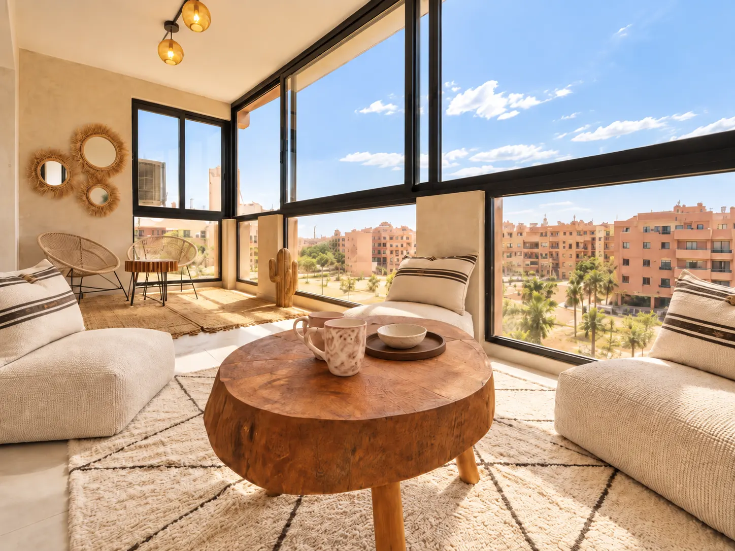 Sunlit lounge with large windows and natural furnishings in a Marrakech property managed by Nomad Living